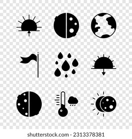 Set Sunrise, Eclipse of the sun, Earth globe, Meteorology thermometer, windsock wind vane and Water drop icon. Vector