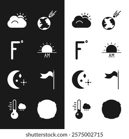 Set Sunrise, Fahrenheit, and cloud, Comet falling down fast, Moon stars, Meteorology windsock wind vane,  and thermometer icon. Vector