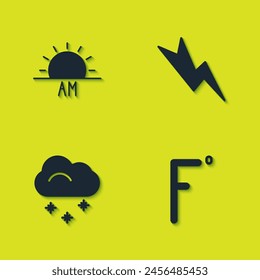 Set Sunrise, Fahrenheit, Cloud with snow and Lightning bolt icon. Vector