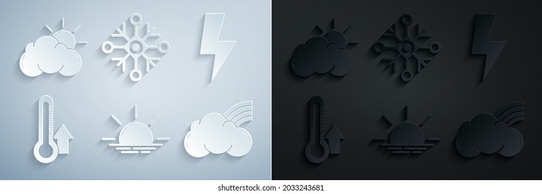 Set Sunrise, Lightning bolt, Thermometer, Rainbow with clouds, Snowflake and and weather icon. Vector