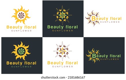 Conjunto de diseños de logotipo Sunrise para la puesta de sol y diseño de logotipo de flor solar Plantilla vectorial Premium