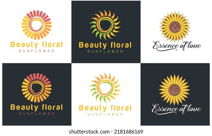 Set Set mit Sonnenaufgang Logo-Design und Design für Sonnenblumen-Logo-Premium-Vektorvorlage
