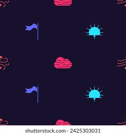 Set Sunrise, Meteorology windsock wind vane, Fog and cloud and Wind on seamless pattern. Vector