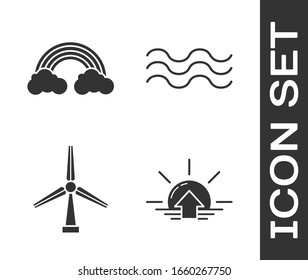 Set Sunrise, Rainbow with clouds, Wind turbine and Waves icon. Vector