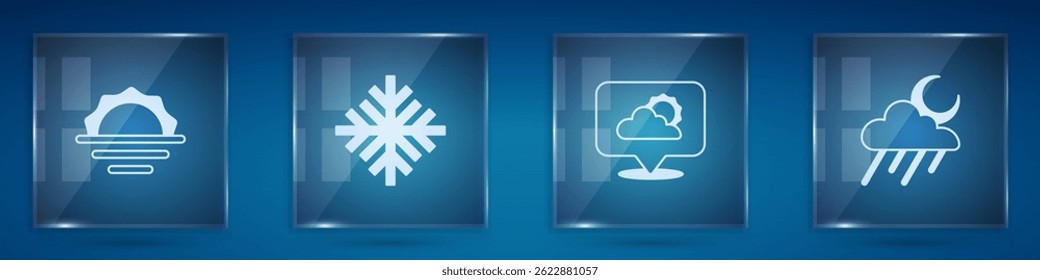 Set Sunrise, Snowflake, Location cloud and Cloud with rain and moon. Square glass panels. Vector