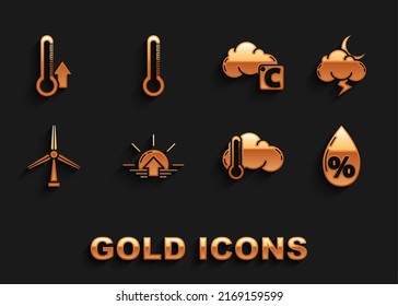 Set Sunrise, Storm, Water drop percentage, Thermometer and cloud, Wind turbine, Celsius,  and  icon. Vector