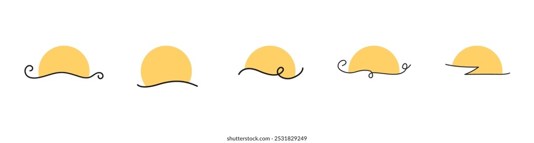 Set of sunrise and sunset icons. Collection of sun icons. Linear icon of the horizon with the sun vector. Sunrise logo concept. Sunlight vector icon. Sunny weather vector.