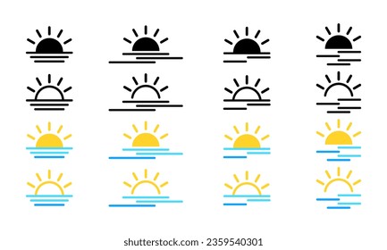Conjunto de iconos vectoriales de amanecer o sol. Sol con ola marina. Buenos días en la playa. Vector 10 Eps.
