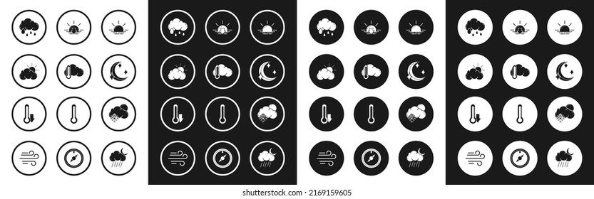 Fijar el amanecer, termómetro y nube, el tiempo, Nube con lluvia, estrellas de la luna, atardecer, sol de nieve e icono. Vector