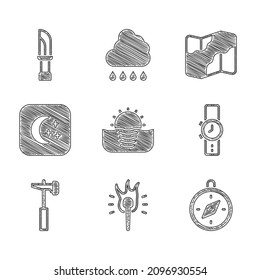 Set Sunrise, Torch flame, Compass, Wrist watch, Hammer, Moon and stars, Camping senderismo map e icono Knife. Vector