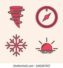 Set Sunrise, Tornado, Wind rose and Snowflake icon. Vector