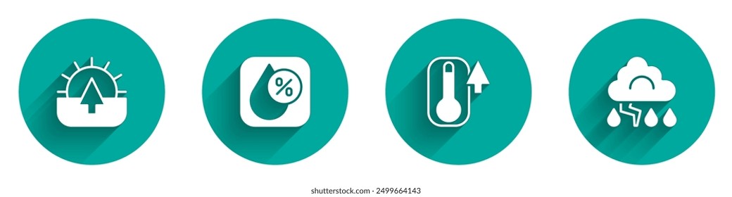 Set Sunrise, Water drop percentage, Thermometer and Cloud and lightning icon with long shadow. Vector