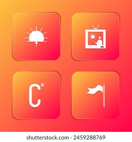 Set Sunrise, Weather forecast, Celsius and Meteorology windsock wind vane icon. Vector