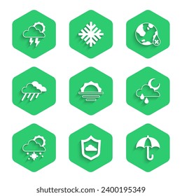 Set Sunrise, Weather forecast, Umbrella, Cloud with rain and moon, snow sun, Water drop percentage and Storm icon. Vector