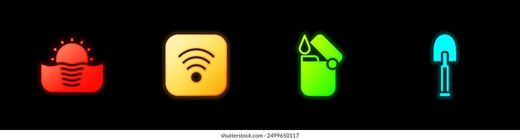 Set Sunrise, Wi-Fi wireless internet, Lighter and Shovel icon. Vector
