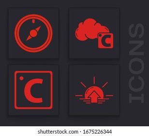 Set Sunrise, Wind rose, Celsius and cloud and Celsius icon. Vector