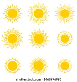 Set of the suns. Cute suns. Yellow faces. Summer emoticons. Vector illustration eps 10.