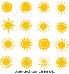 Set of the suns. Cute suns. Yellow faces. Summer emoticons. Vector illustration eps 10.