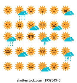 Set of suns with different emotions, smiling and sad suns, weather icons 