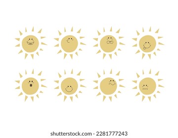 Set and suns with different emotions. Sun face. Stickers set. Bright decorative set of design elements. All objects are separated. Drawn by hand. Vector illustration.