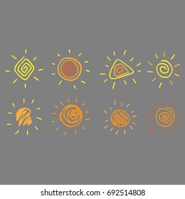 A set of suns drawn in the style of doodle. Vector illustration.