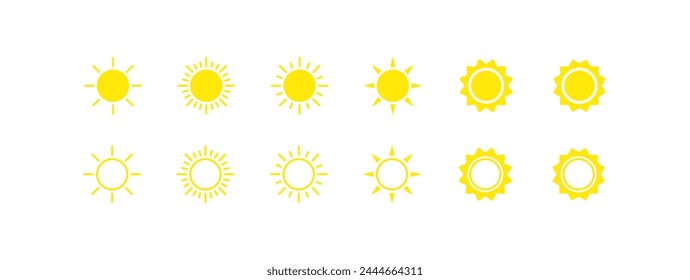 Set of suns. Flat, yellow, collection of suns and shades. Vector icons
