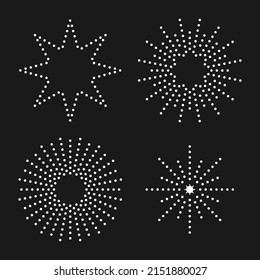 Set of suns from graphic elements. Simple graphic style. White objects isolated on black background.