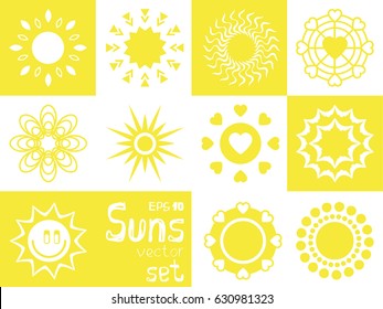 Set of suns.  Isolated flat burst element sunlight. Illustration weather symbol design for web and app.