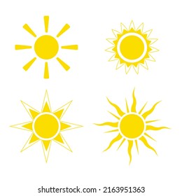 Set of suns isolated on white background. Yellow star clip arts. Summer flat vector illustration