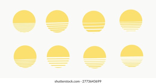 Set of suns, logo design vrector flat, graphic sunrise icon isolated, nature landsca[e