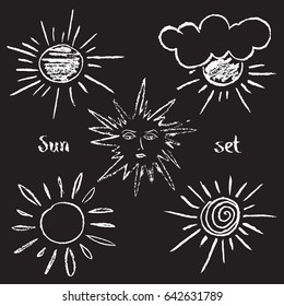 Set of suns made by hand. Real pastel texture. Unique vector shapes for your design.
