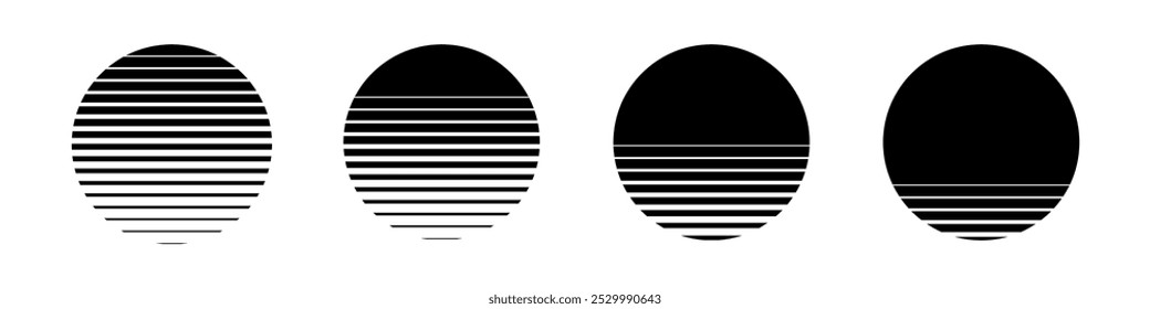 Set of suns made of striped halftone gradient lines texture. Fading horizontal stripes gradation background from thin to thick. Black circles halftone pattern isolated on white vector illustration.