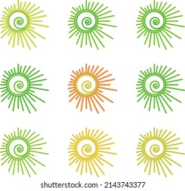 A set of suns of the same shape in yellow-green tones. A vector file is useful for creating your designs.