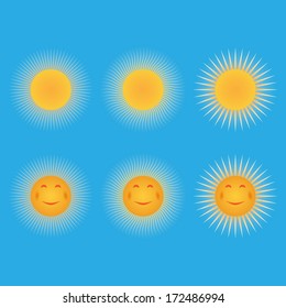 Set of suns. Sun in the form of a smiley. Vector