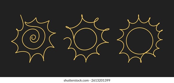 A set of suns with sun rays drawn in one continuous line. Line sketch with sunrise. Sunbeam in doodle style. Vector illustration.