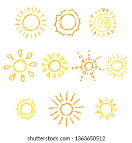 Set of suns. Vector cartoon illustrations. Isolated objects on a white background. Hand-drawn style.
