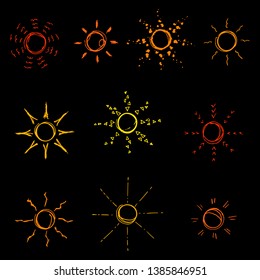 Set of suns. Vector cartoon illustrations. Isolated objects on a white background. Hand-drawn style.