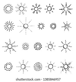 Set of suns. Vector cartoon illustrations. Isolated objects on a white background. Hand-drawn style.