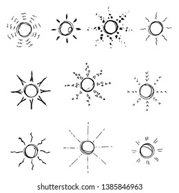 Set of suns. Vector cartoon illustrations. Isolated objects on a white background. Hand-drawn style.