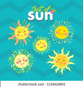 The set with suns in vector graphic images on blue background