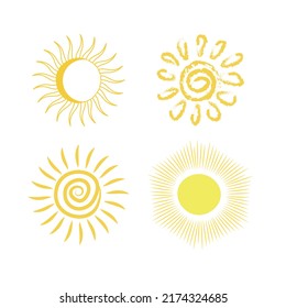 set of suns vector on white background, minimalistic stylized sketch of yellow sun, simple sketch of different suns hand drawn.