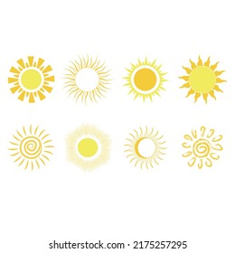 set of suns vector on white background, minimalistic stylized sketch of yellow sun, simple sketch of different suns hand drawn.