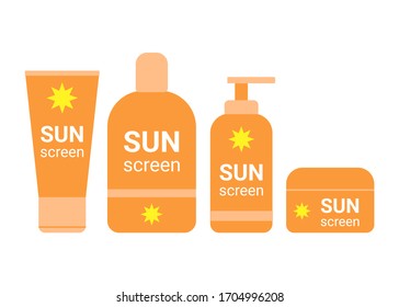 Set sunscreen bottle. Sunblock moisturizer lotion cream. Suncream protection cosmetic tube uv, solar care product mockup. Vector illustration