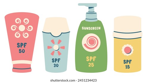 Conjunto de botellas de protección solar aisladas. Diferentes lociones de protección solar, cremas, gel en envases de color plástico. Artículos de playa para el verano relajante. Elementos de verano para un bronceado saludable y seguro. Ilustración vectorial