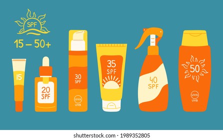 Set of sunscreen bottles, tubes with different SPF from 15 to 50. Sunscreen protection and sun safety. Sunscreen cream, lotion isolated collection. Hand drawn organic vector illustration. 