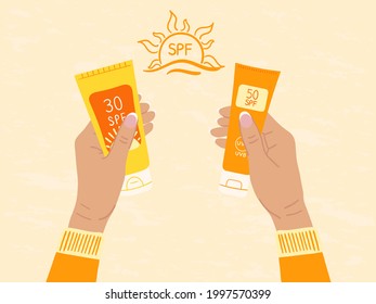 Set of sunscreen bottles, tubes with different SPF from 30 to 50 in female hands. What to choose. Sunscreen protection and sun safety. Hand drawn organic vector illustration. 