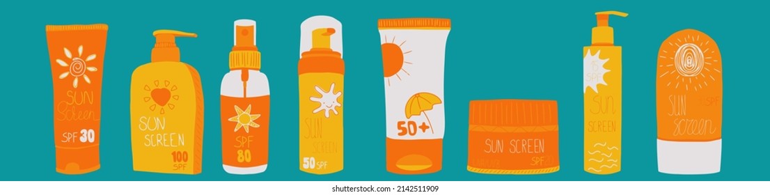 Conjunto de botellas de protección solar, tubos con diferentes SPF de 15 a 100. Protección contra el sol y seguridad solar. Crema de protección solar, colección aislada de lociones. Ilustración vectorial dibujada a mano.