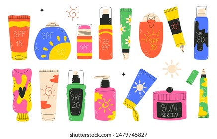 Conjunto de botellas de protección solar, tubos con diferentes FPS de 15 a 60. Protección solar y seguridad solar. Crema de protección solar, loción colección aislada. Ilustración vectorial dibujada a mano