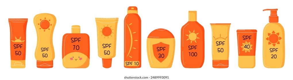 Set of sunscreen bottles with various SPF levels. Oil, balm, spray, lotion, cream in various tubes. Protection from the sun. Cute simple modern elements. Ideal  for skincare product advertising.