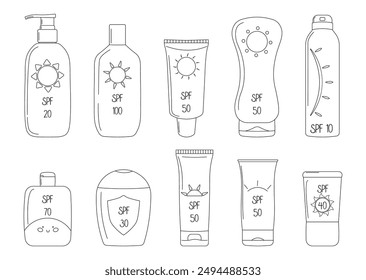 Set of sunscreen bottles with various SPF levels. Oil, balm, spray, lotion, cream in various tubes. Protection from the sun. Cute simple outline elements. Ideal for skincare product advertising.